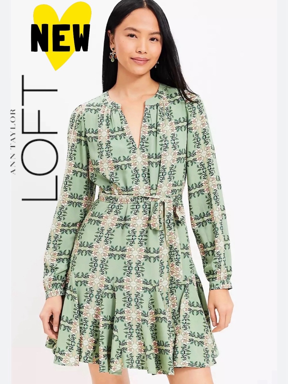 NWT Ann Taylor Loft 💚🩷 long sleeve tie waist dress godet pleats new green pink